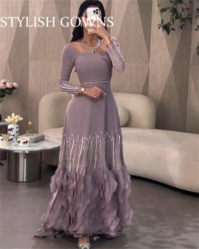 

Saudi Arabia Purple Square Evening Pageant Dresses A-Line Ruffles Formal Prom Dress Plus Size Customized جديد في الأطقم الكاملة