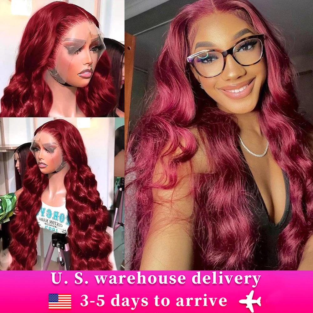 210% Body Wave Lace Front Wig Human Hair 13x6 Burgundy Color Long Wavy Wave Lace Front Wig Human Hair Pre Plucked For Women 99j