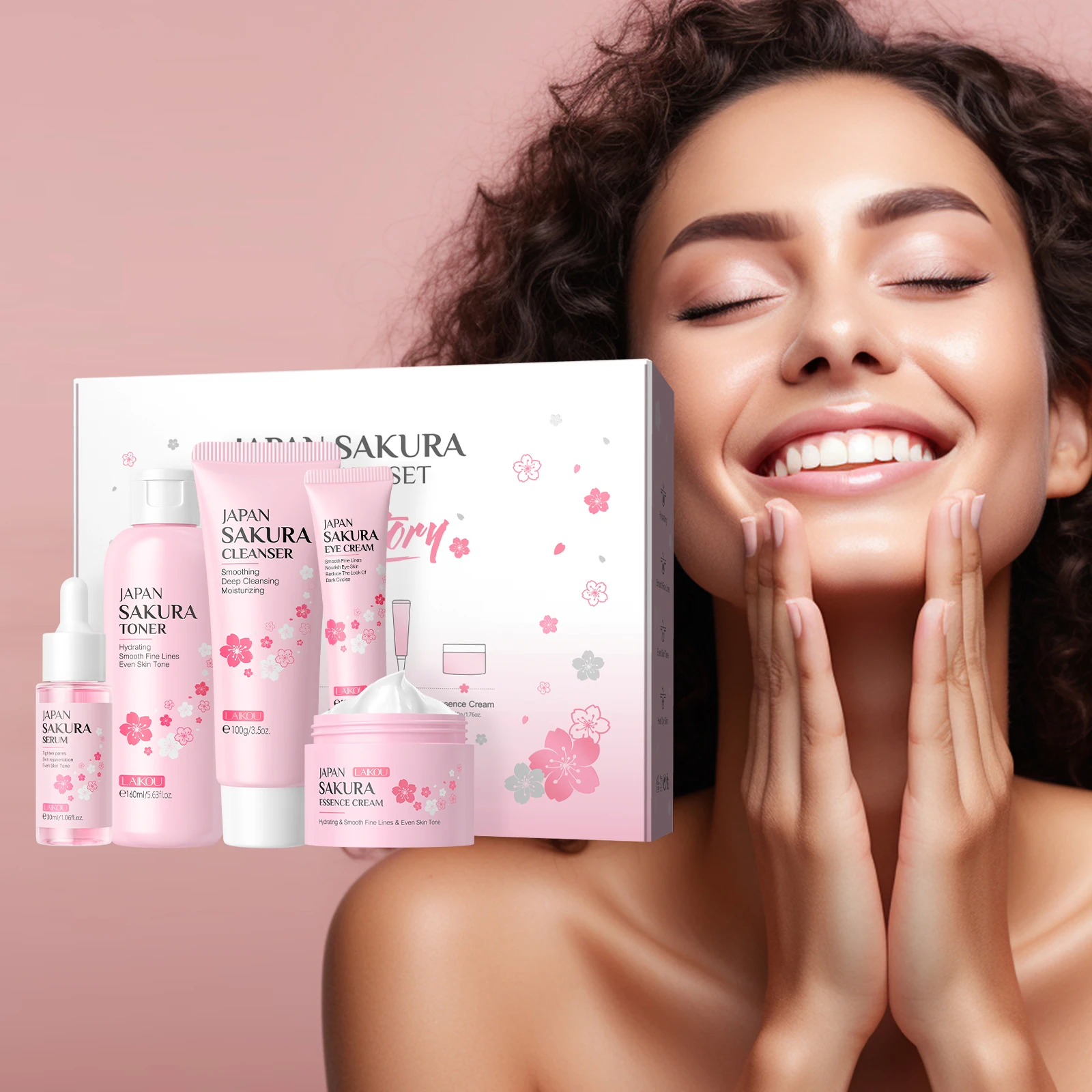 

LAIKOU Japan Sakura Skincare Set 5pcs Hydrating Smooth Fine Lines Even Tone Nourish Dry Skin Face Care Set Cleanser Toner Serum