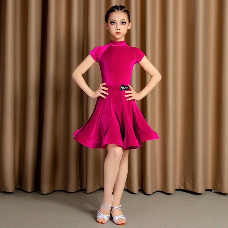Children's Latin Dance Costumes Short Sleeves New Velvet Summer Autumn Practice Grade Test Competition Regulations