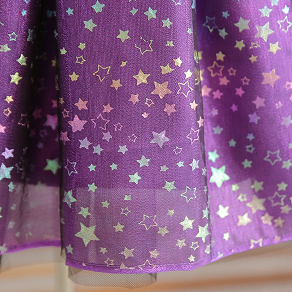 Girls Ball Gown Kids Purple Stars Print Christmas Carnival Birthday Party Costume Long Sleeves Dress Fluffy Mesh Deluxe Outfits