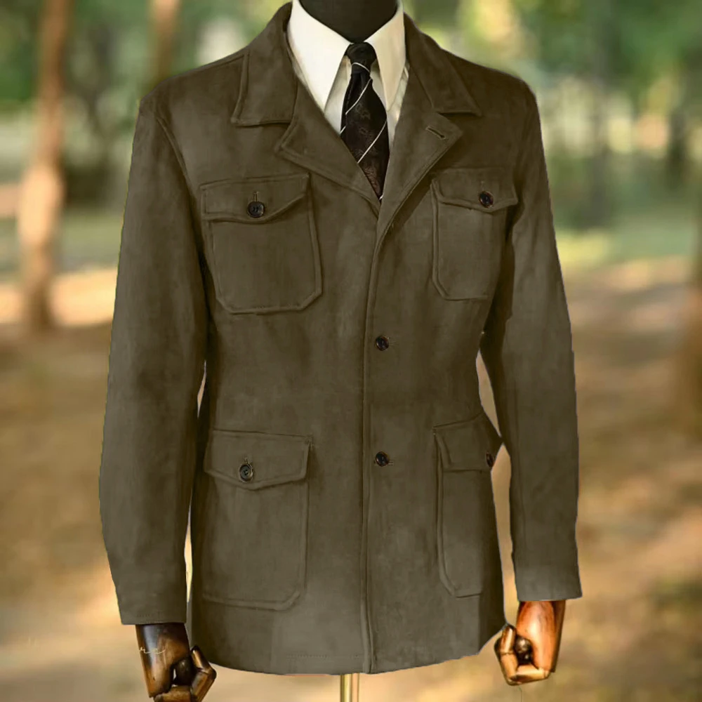 Men's Suede Hunting Blazer Jacket Classic Notch Lapel Multi-Pocket Safari Coat Casual Business Work Outerwear for Fall & Winter