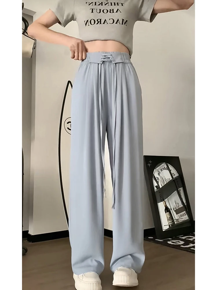 2023 Women New Pleated Tie Up High Waist Cozy Trousers Straight Wide Leg Baggy Casual Office Ladies Pant Solid Color Design Chic