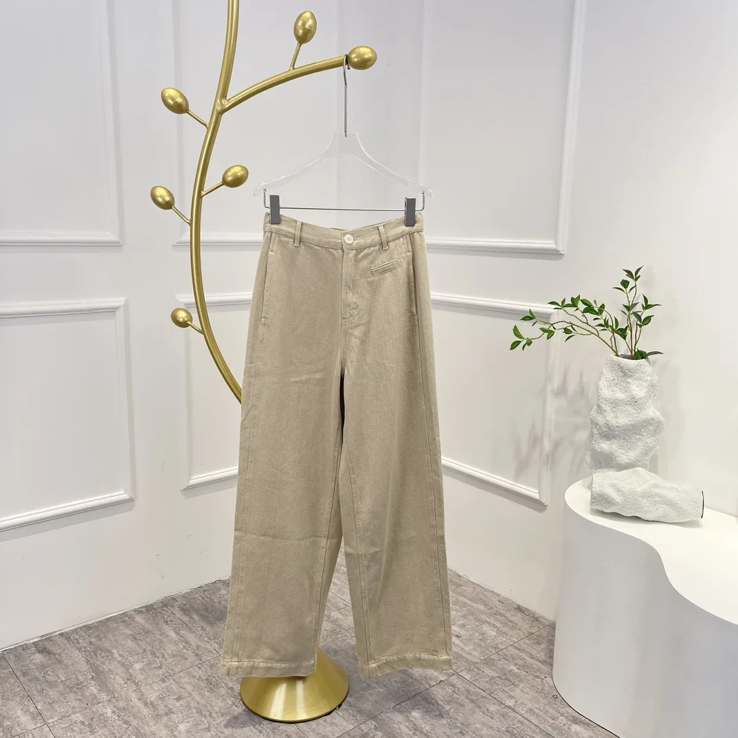 

2024 High Quality Beige Women Spring Summer Autumn Winter Cotton Wide Leg Jeans Pants