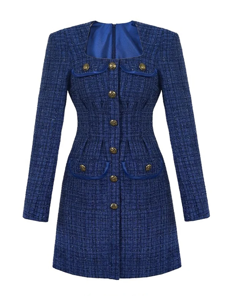 Fashion Ladies Vintage Tweed Short Dress Women Bright Silk Commute Formal Square Collar Slim Mini Mujer Vestidos Street Clothes