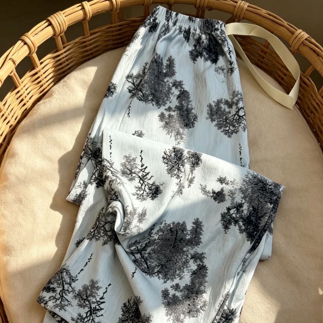 Lounge Pants Women Butterfly Print Elastic Drawstring Waist Long Sleep Pants New Autumn Korean Style Sleep Bottoms Home Wear