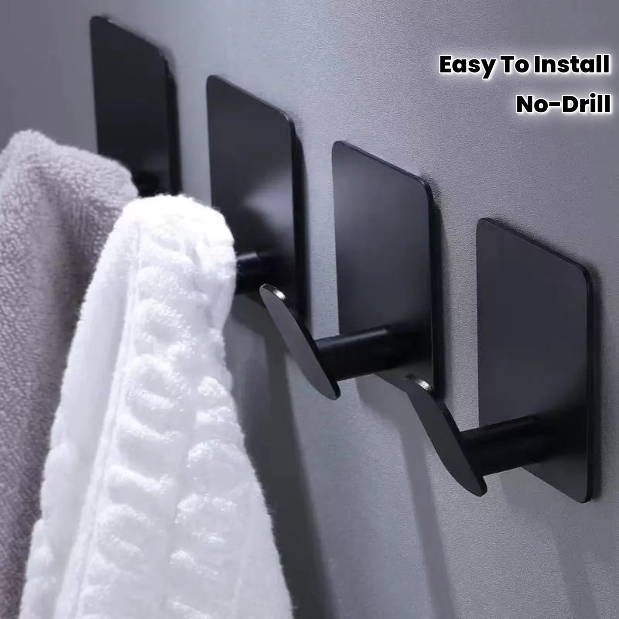 4pcs No-Drill Bathrobe and Towel Hooks, Simple Black Wall Hooks, Easy to Install, Suitable for Kitchen, Bathroom, Shower, Keys