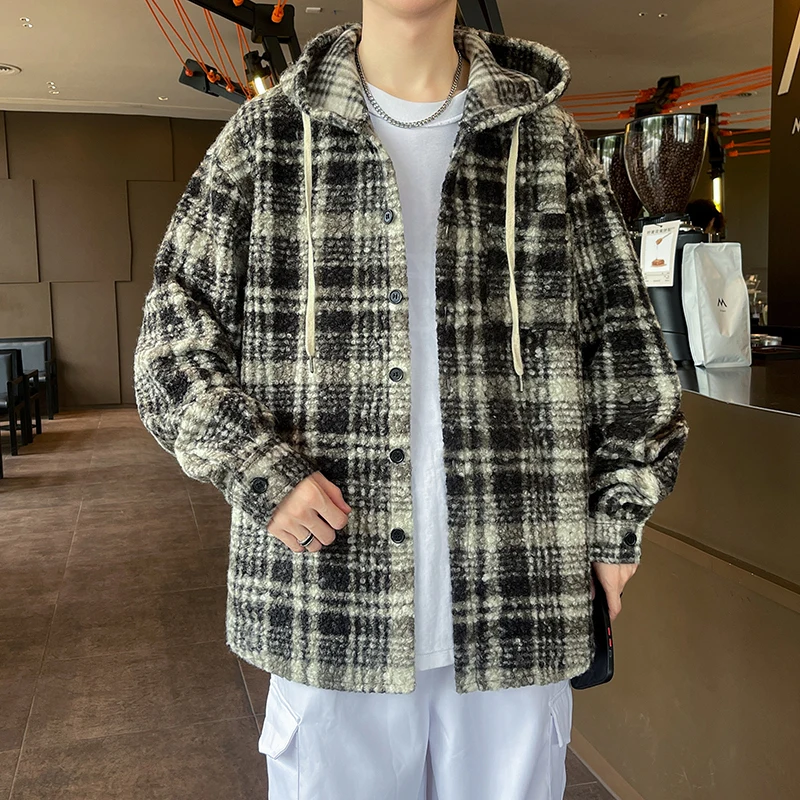 

Autumn/Winter Circle-Patterned Woolen Men's Jacket Coat-Style Thickened Plaid Hooded Shirt