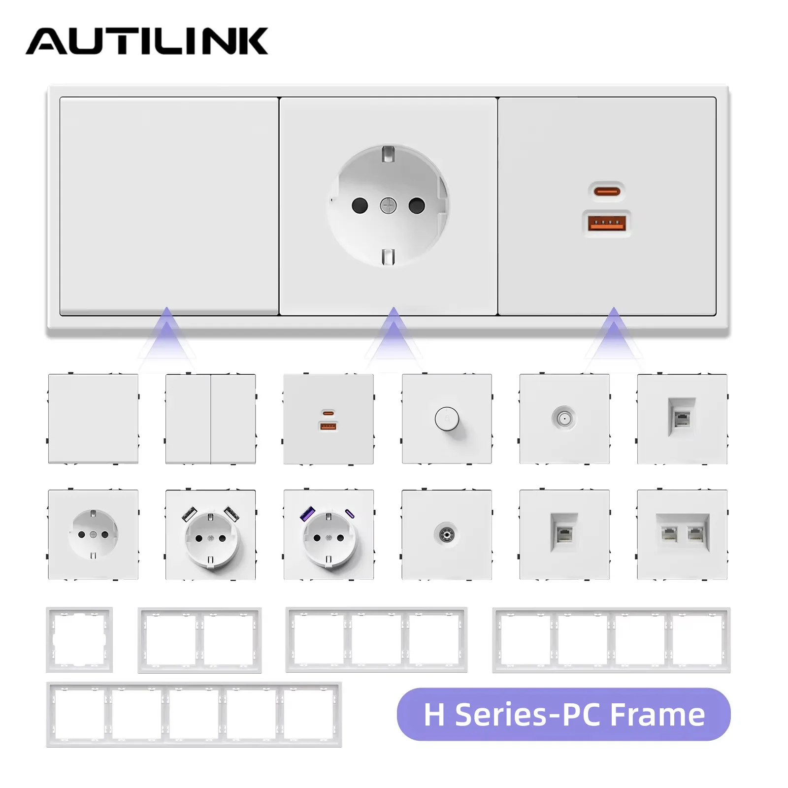 EU Modular Wall Switch Socket PC Panel Free Combination Horizontal Vertical Mount Wall Power Outlet for Household Renovation
