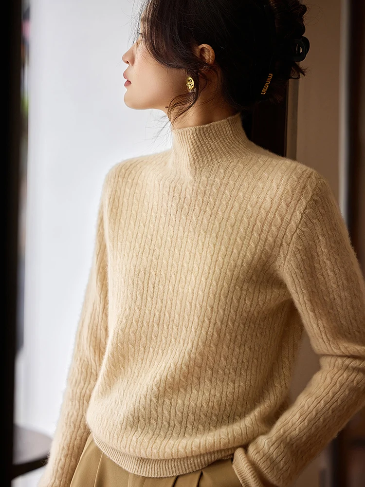 

Женский свитер TLOML из 100% мериносовой шерсти, вязаный, с воротником-стойкой, осенне-зимний, крупной вязки, кашемировый, с длинными рукавами, мягкий, теплый топ