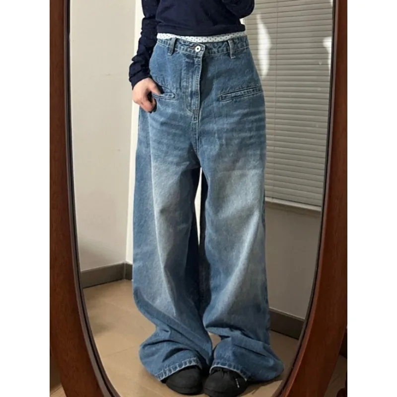 Deeptown Vintage Y2k Jeans Spring 2024 Woman Oversize Denim Pants Korean Style Fashion Harajuku Streetwear Wide Leg Trousers