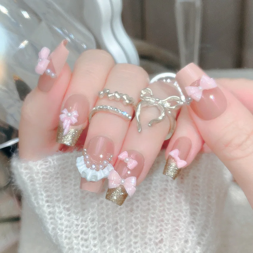 

24 шт. элегантные розовые длинные накладные ногти в виде гроба с милым бантом, французские стразы, накладные ногти для девочек, полное покрытие, многоразовые накладные ногти