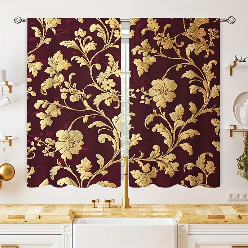 Elegant Gold Floral Damask Pattern Curtain Panels for Bathroom Vanity Window Home Decor
