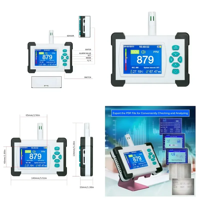 7 in 1 Multifunctional Indoor Outdoor Gas Detector CO2 PM2.5 Monitor 3.2 Inch TFT Screen 50000 Datasets Rechargeable
