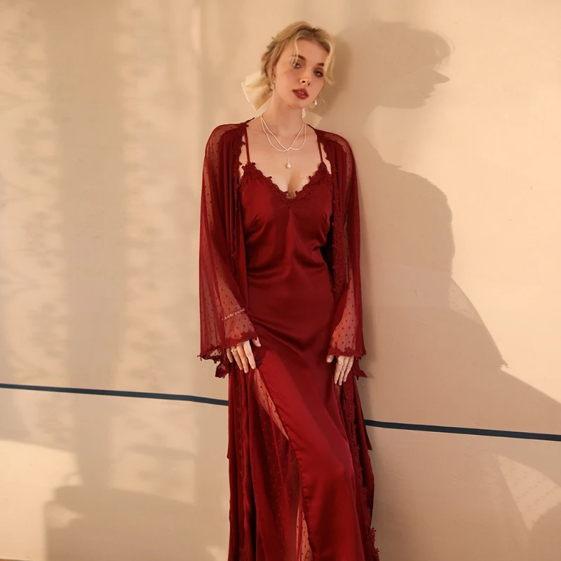 

2026 New Hot Selling Slim Suspender Back Hollow Sexy Satin Dress and Mesh Outer Robe Two-piece Set