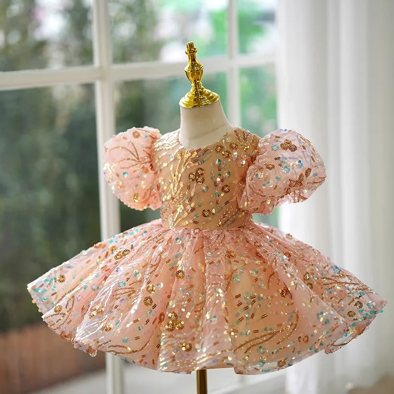 

New Children Formal Birthday Party Dress for Wedding Bridesmaid Flower Girls Short Evening Gowns Pageant Princess Sequin Dresses