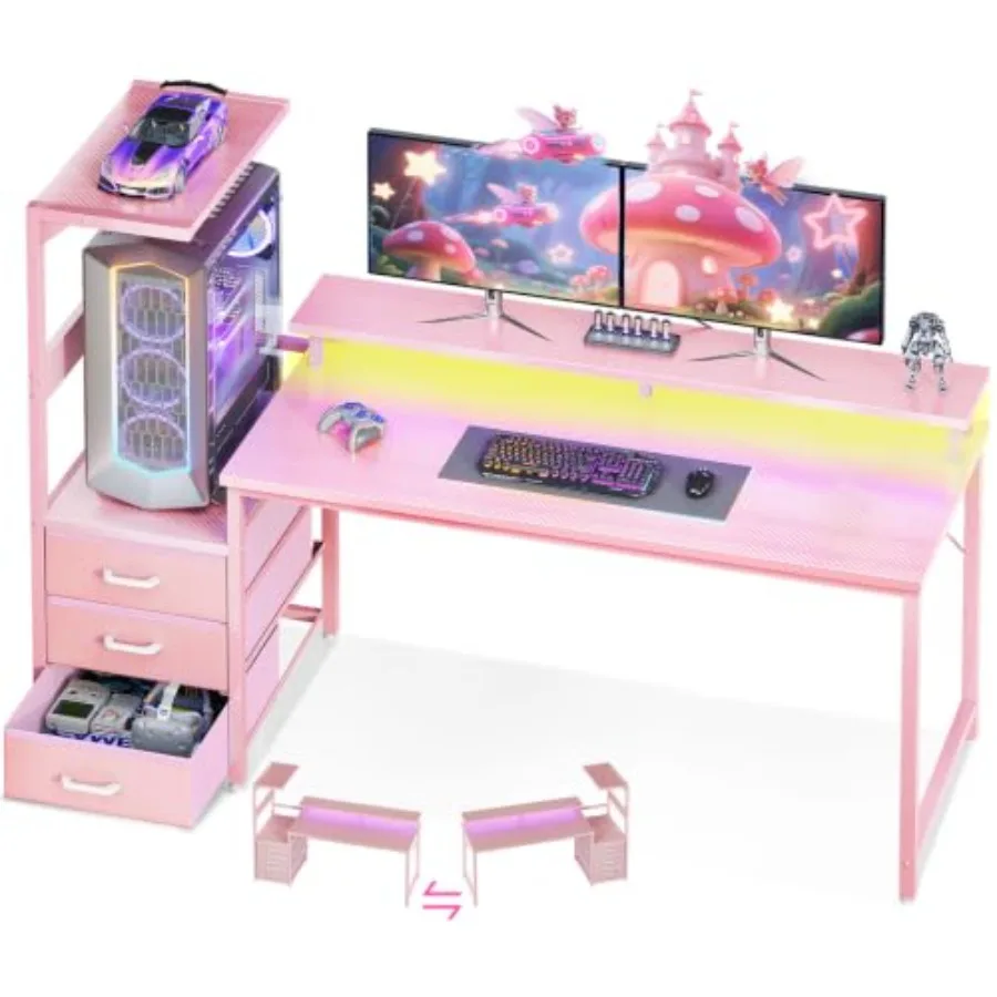 Gaming Desk W/PC Showcase Stand for PC Setup, MDF Wood, Black, Reversible 59 Surface with RGB LED Lighting