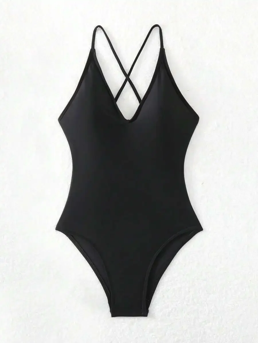 

Women Solid Color Cross Back Spaghetti Strap One Piece Swimsuit