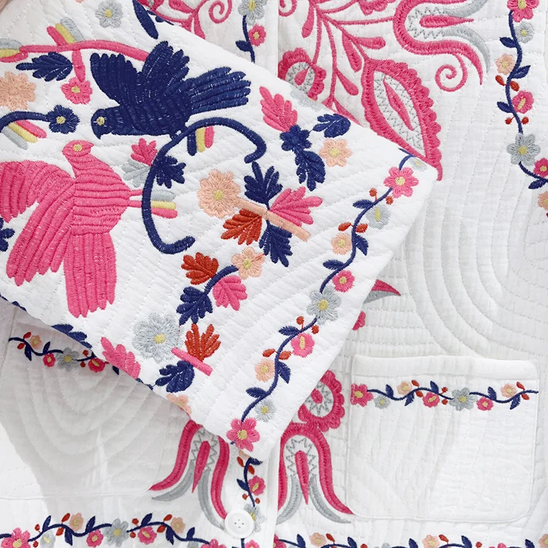 Damska kurtka vintage z haftem, okrągły dekolt, długi rękaw, luźna, wygodna, ciepła bluzka damska na zimę.