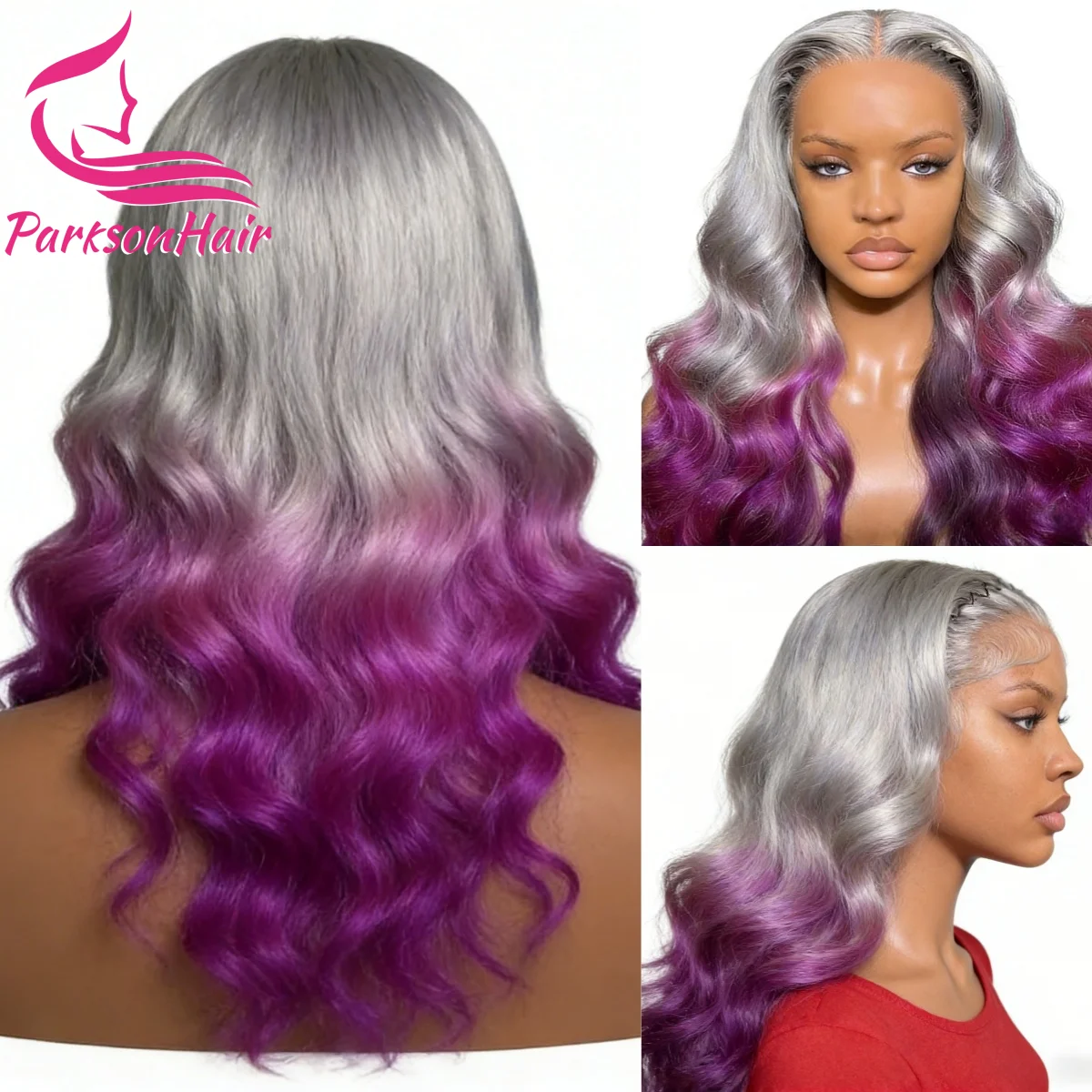 

Ombre Colored Human Hair Wig Grey/Purple Loose Wave 13x6 13x4 Lace Front Wigs Pre-Plucking 250% Lace Frontal Wigs For Women