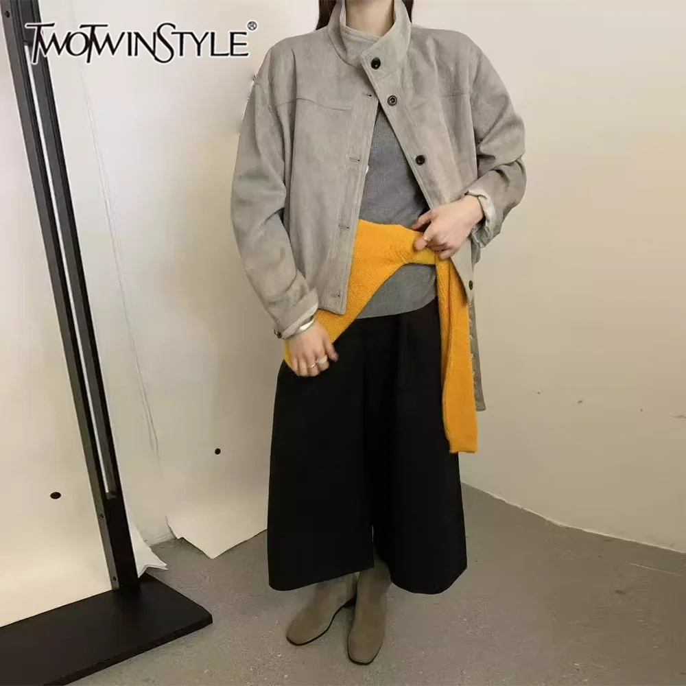 

TWOTWINSTYLE Solid Spliced Sashes Jacket Female Stand Neck Long Sleeve Loose Retro Streetwear Women's Jackets Autumn Fashion New
