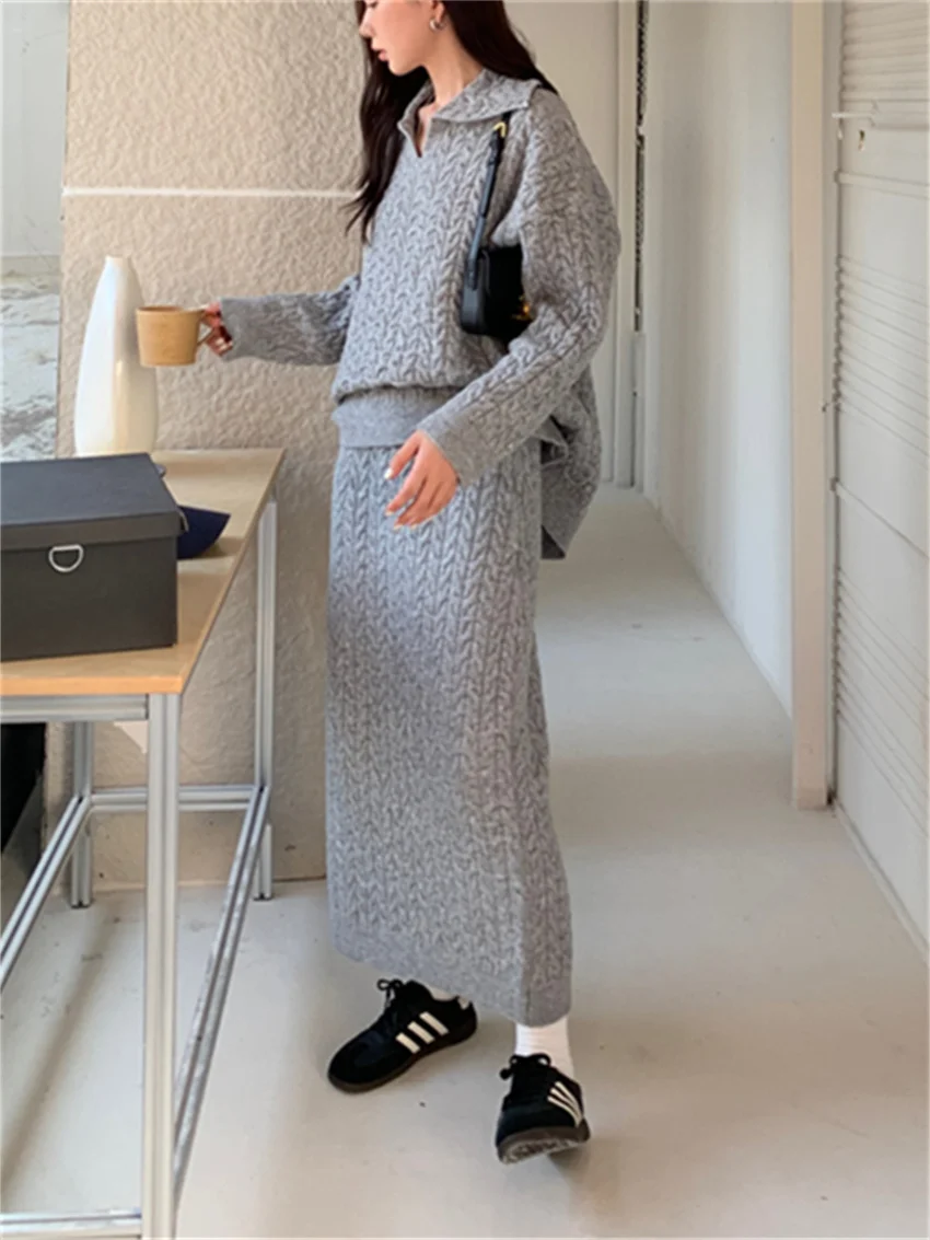 Alien Kitty Office Lady Knitted Women Sweaters Winter 2024 New Loose Long Skirts Gentle Casual Spring All Match High Street Suit