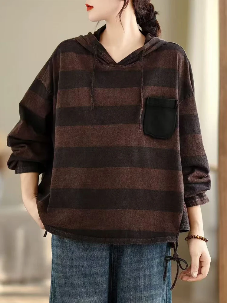 Amax LuluE 2025 hiver mode à capuche rayé t-shirts femmes coréen vêtements décontractés en vrac dames classique élégant Vintage hauts