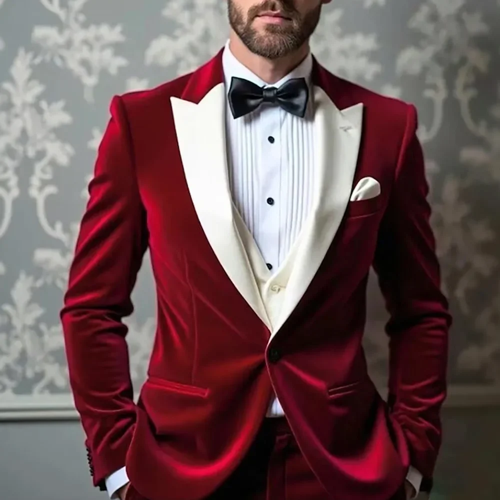 

Men's Business Suit 3 Piece Slim Fit Burgundy Velvet Jacket Vest Pants Formal Men Suits for Wedding Party Tuxedos