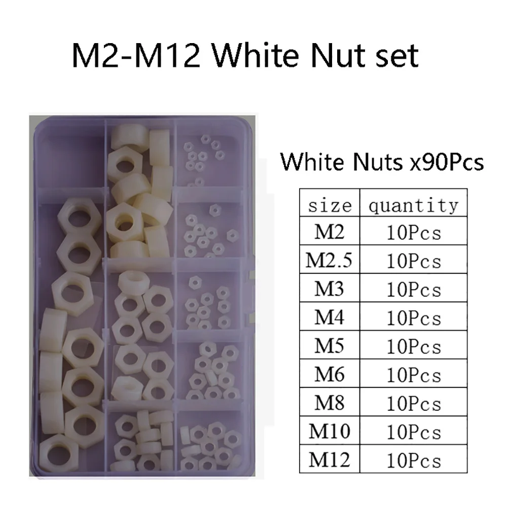 M2-M12 1set 90Pcs White Black Plastic Nylon Hex Nuts Metric Thread Insulation Nut Kit Mechanical Fastening Accessories