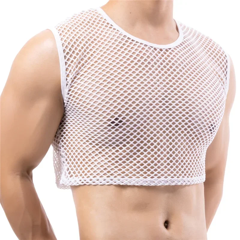 Mens Transparent Fishnet Crop Top Sexy Mesh Hollow Out Tank Tops Gym Fitness Sleeveless Undershirts T-shirts Nightclub Mini Vest