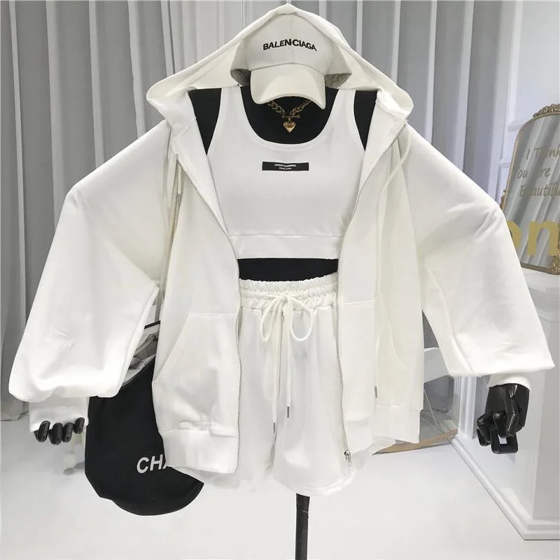 Women Sports Suit Fashion Casual Fitness Running 3-piece Set Camisole Vest Long-sleeved Jacket Hoodie + Loose Shorts Sportswear