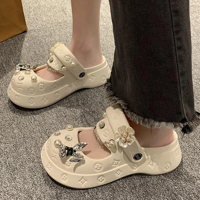 Women Summer Slippers EVA Platform Sandals Shine Pearl And Rabbit Decoration Beach Slides Flip Flop Soft Casual Shoe For Female