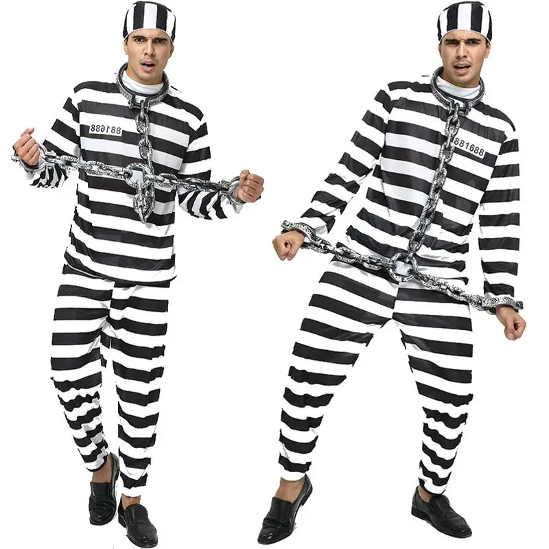 Costumi di Halloween classici a righe da coppia per donne Costume da prigioniero convict ob;8