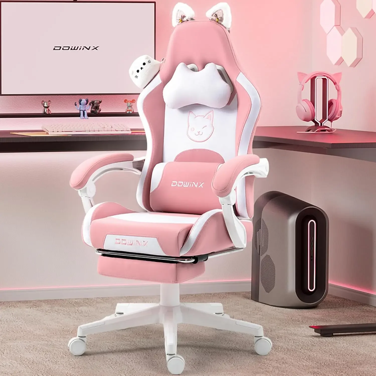 

Gaming Chair Cute with Cat Ears and Massage Lumbar Support, Ergonomic Computer Chair for Girl with Footrest and Headrest