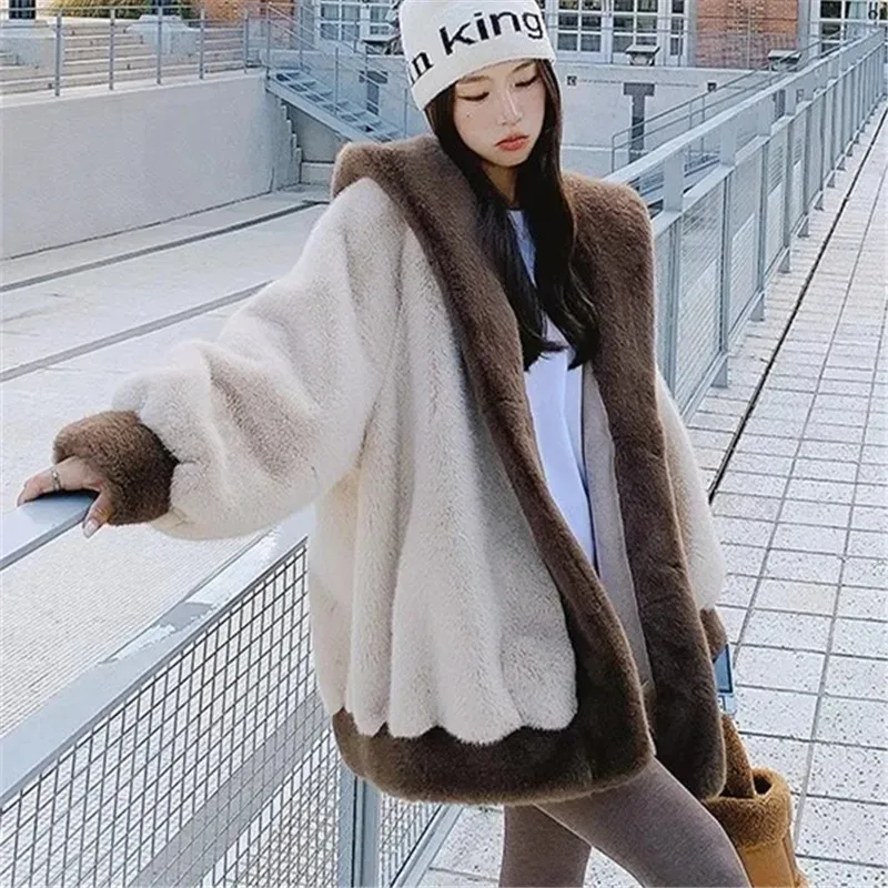 2023 Winter Fur Coat Women Leopard Print Mink Fur Plush Jacket Women Long Hooded Korean Loose Thick Warm Female Parker Jacket