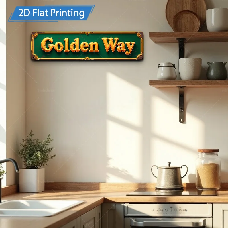 [2D FLAT] 1 قطعة علامة معدنية، 4 × 16 بوصة الطريق الذهبي 2D طباعة مسطحة علامة معدنية جدار ديكور فني