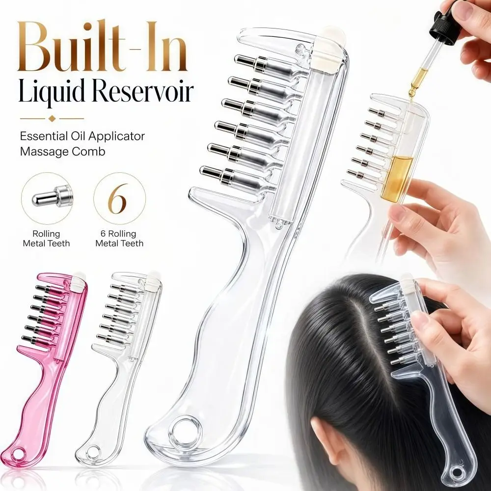 Transparent Essential Oil Applicator Massage Comb 6-Tooth Precise Liquid Guiding Scalp Massager Comb Rolling Metal Teeth