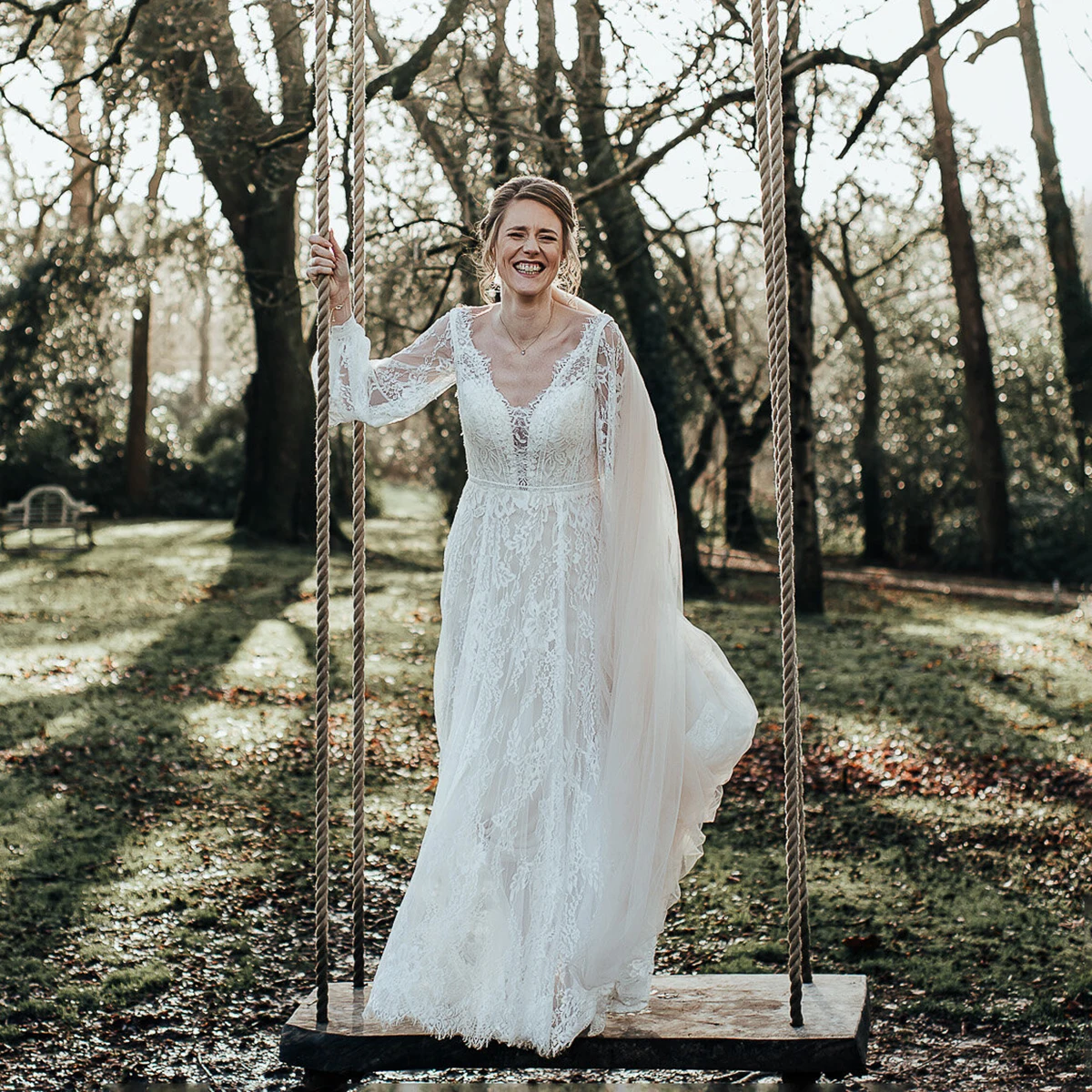 Romantic Long Bishop Sleeves Wedding Dress Customized Rustic Soft Lace Fairy Sweetheart Bohemian V Neck A Line Bridal Gowns