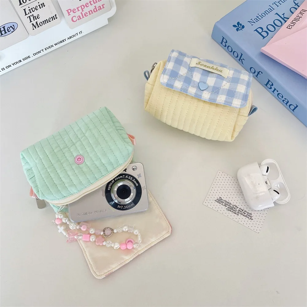 Portable Blue Plaid Flip Cover Storage Bag Small Rabbit Milk Yellow Quilted Pouch Cosmetic Compact Powder Organization Bag