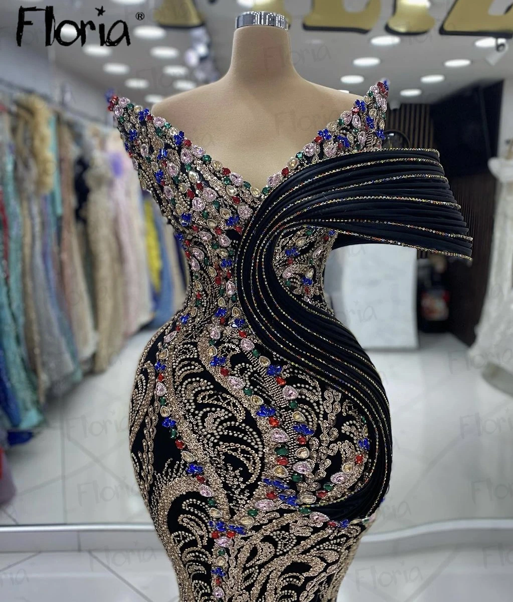 Black Mermaid Cocktail Dress With Colorful Stones Luxury Prom Gowns Dubai Occasion Dress Birthday Pageant Night Party Dresses