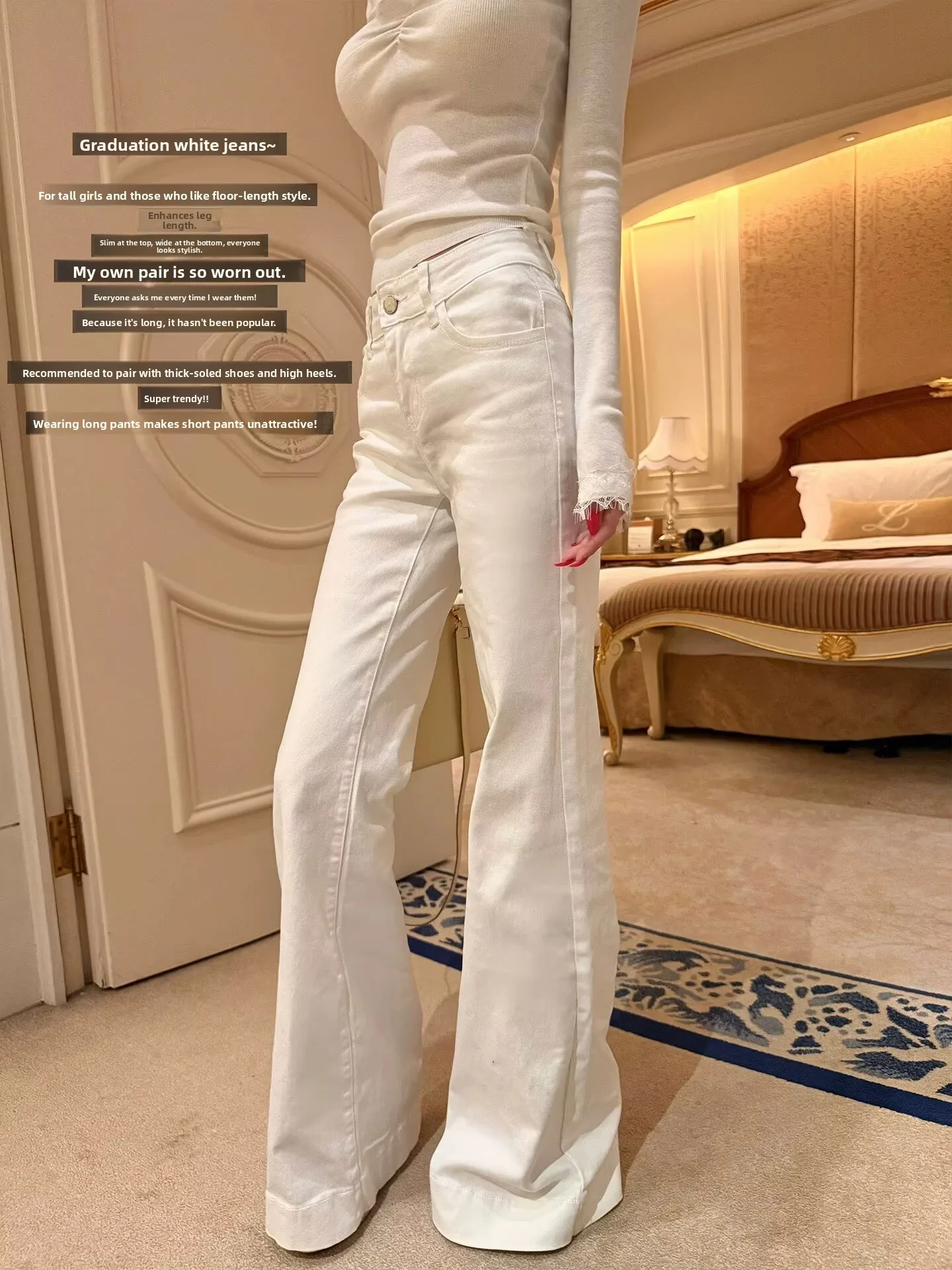 

High Waist Flared Jeans Women's White Supermodel Slimming Long Legging Cotton Stretch Denim Spring Faion Ladies' Jeans