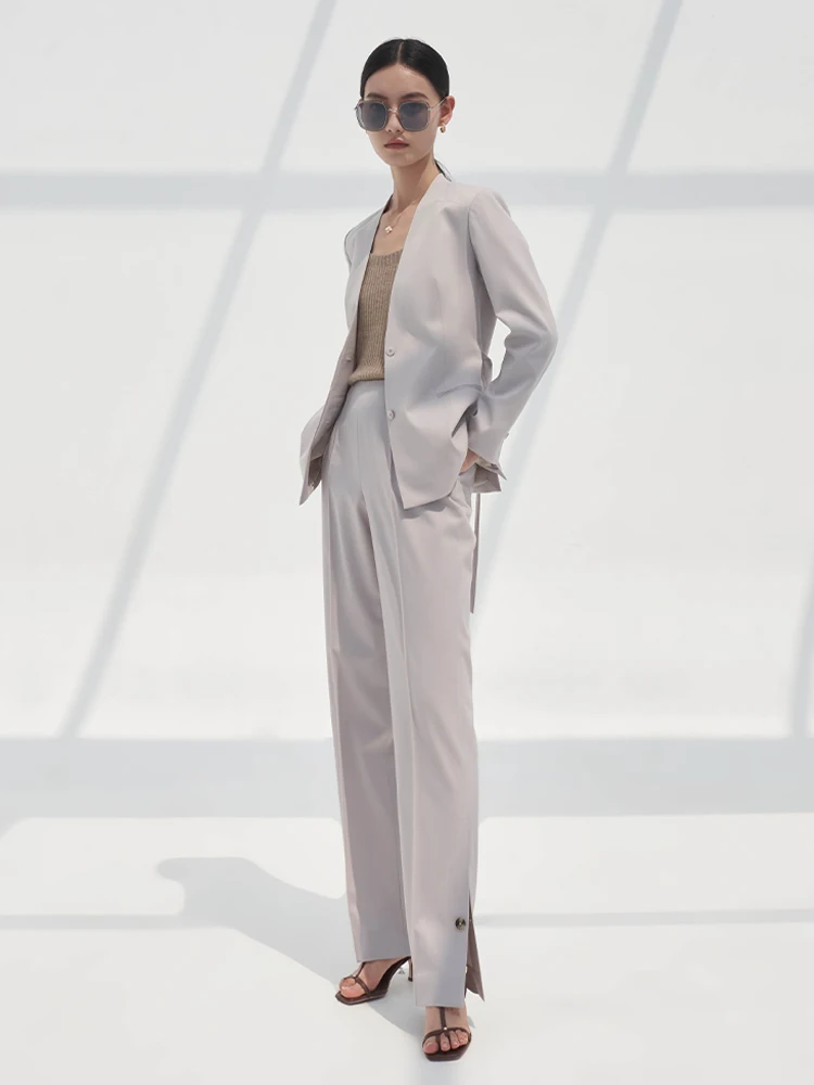 

YIYI Premium Light Gift Super High Merino Wool No Collar Suit Split Pants Set Women's Business Casual Trousers