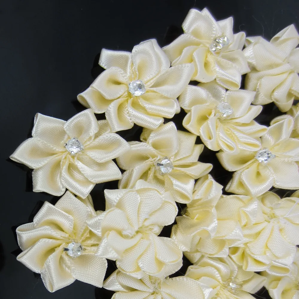 40Pcs Dark Blue Handmade Small Fabric Satin Flowers with Rhinestone Appliques Sewing Wedding Garment Accessories Flowers 2.8cm