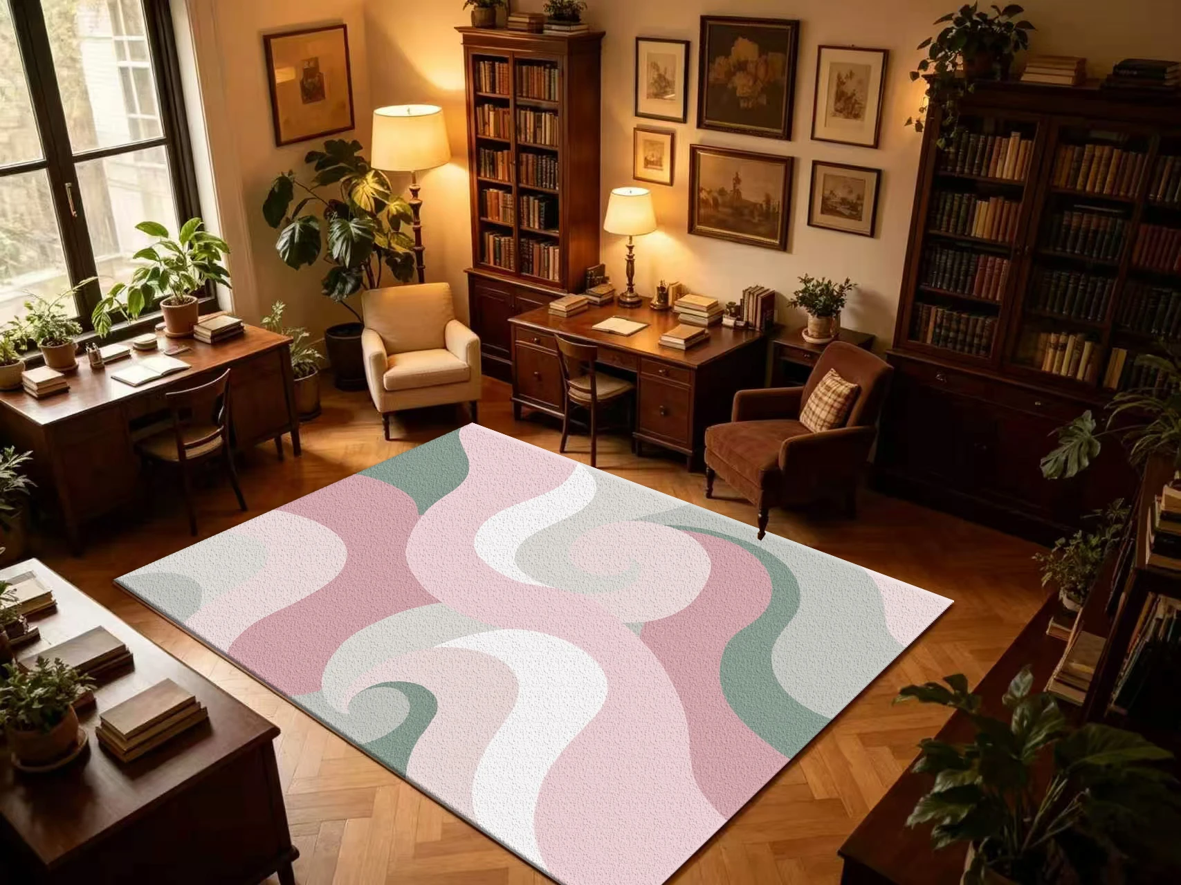 พรมปูพื้นลายคลื่นสีชมพูอ่อนและ - Printed Rug Abstract บทวิจารณ์และราคา