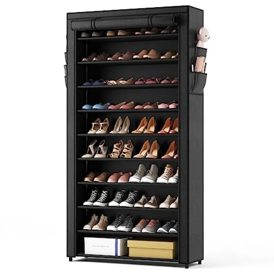 

10 Tier Shoe Rack with CoversLarge Capacity Stackable Tall Shoe Shelf Storage to 50-55 Pairs Shoes and Boots Sturdy Metal Free