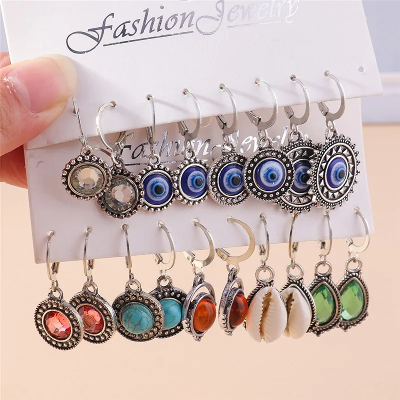 Aihua Boho Vintage Dangle Earrings for Women Ethnic Retro Shell Crystal Turquoise Turkish Blue Eye Earrings Party Jewelry Gifts