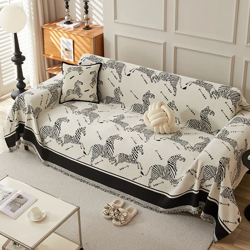 Double Face Usable Chenille Sofa Cover American Stripe Printing Couch Slipcover Skin-Friendly Armrest Towel for Living Room