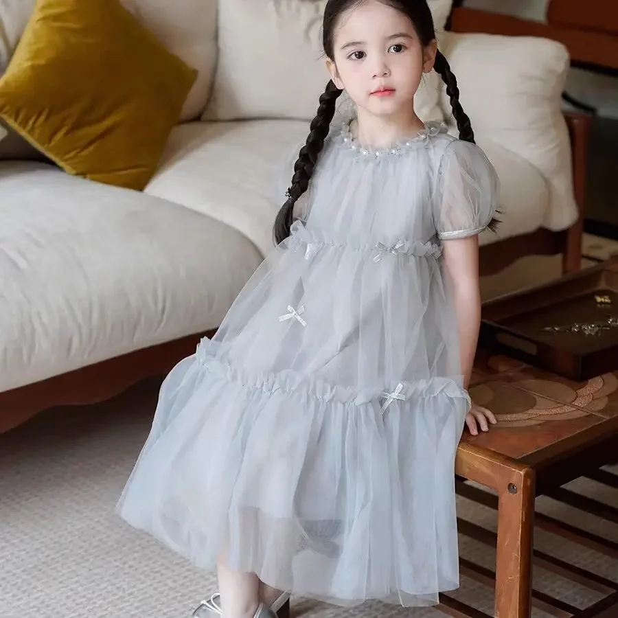 Girls' Grey Dress Summer 2026 New Style Children's Short sleeved Bow Beautiful Temperament Princess Dress