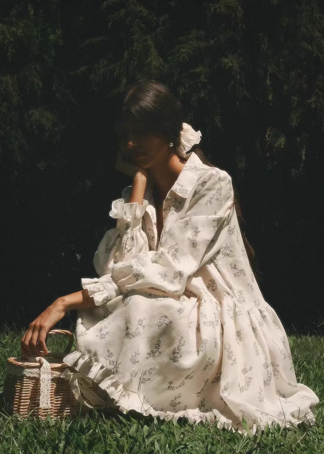 

Flower Print Ladies Short Dress 2025 New High Waist Peter Pan Collar Long Sleeve Sweet Female 100% Linen Mini Robe