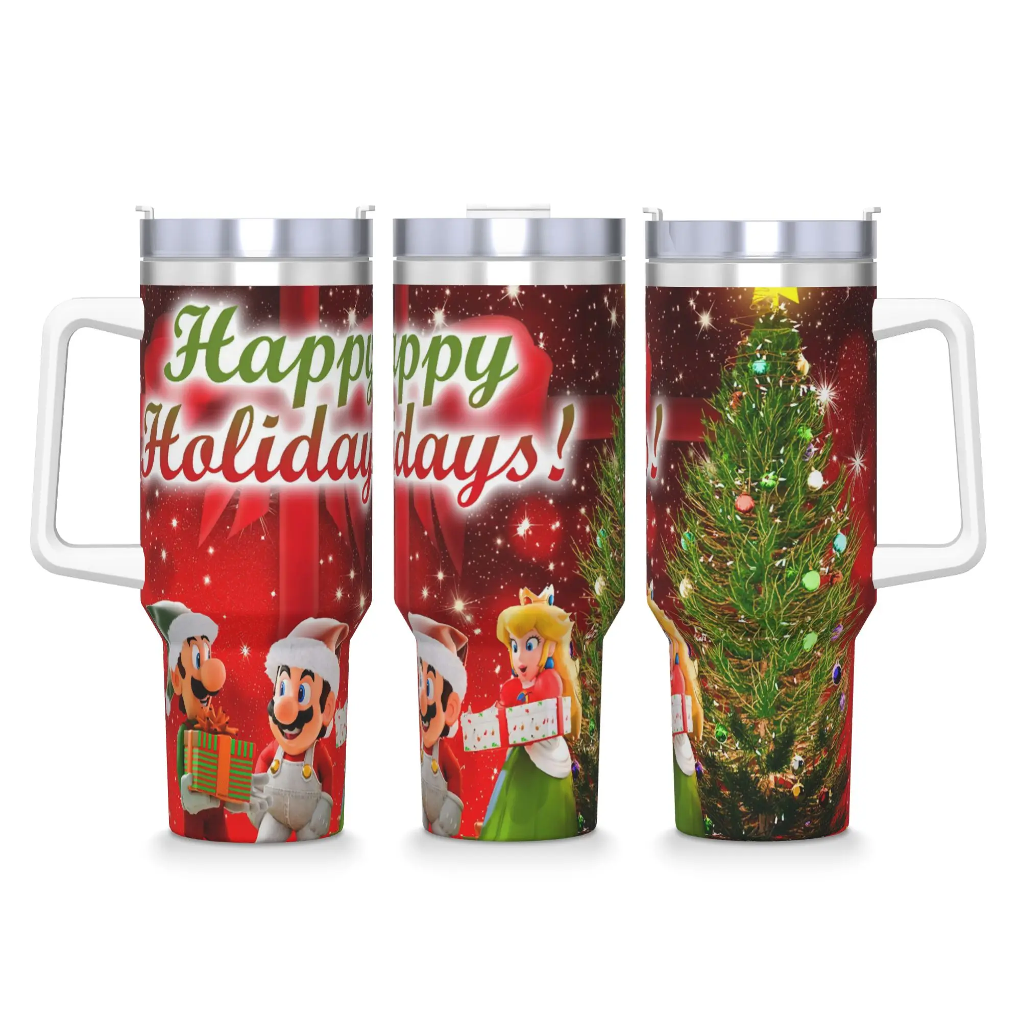 

Stainless Steel Tumbler Mario & Friends Merry Christmas Car Mugs With Straws Driving Cold and Hot Water Bottle Thermal Cups